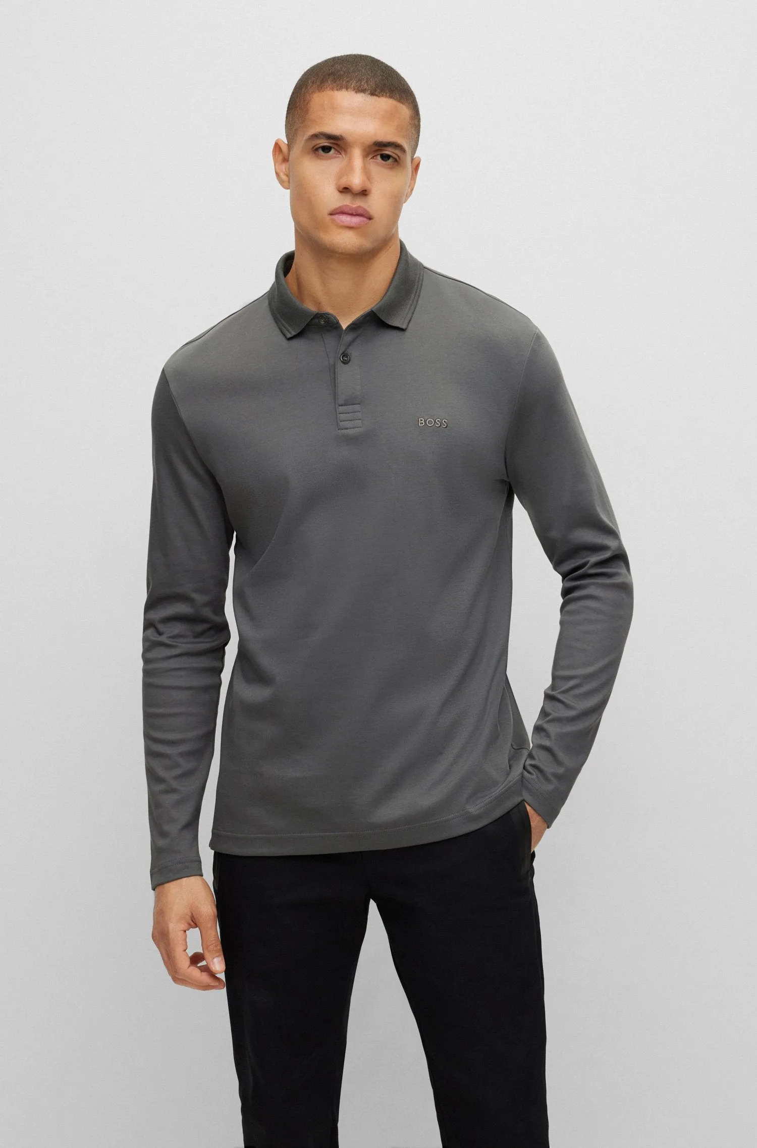 BOSS Pirol Long Sleeve Polo Shirt in Dark Grey