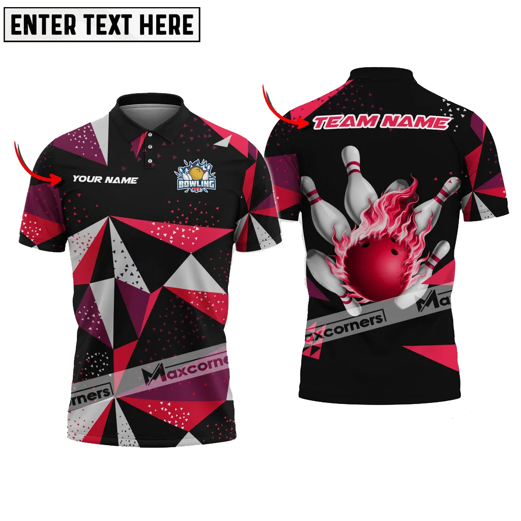 Bowling and Pins Flame Pool Event Jersey Multicolor Option Customized Name Team Name 3D Polo Shirt