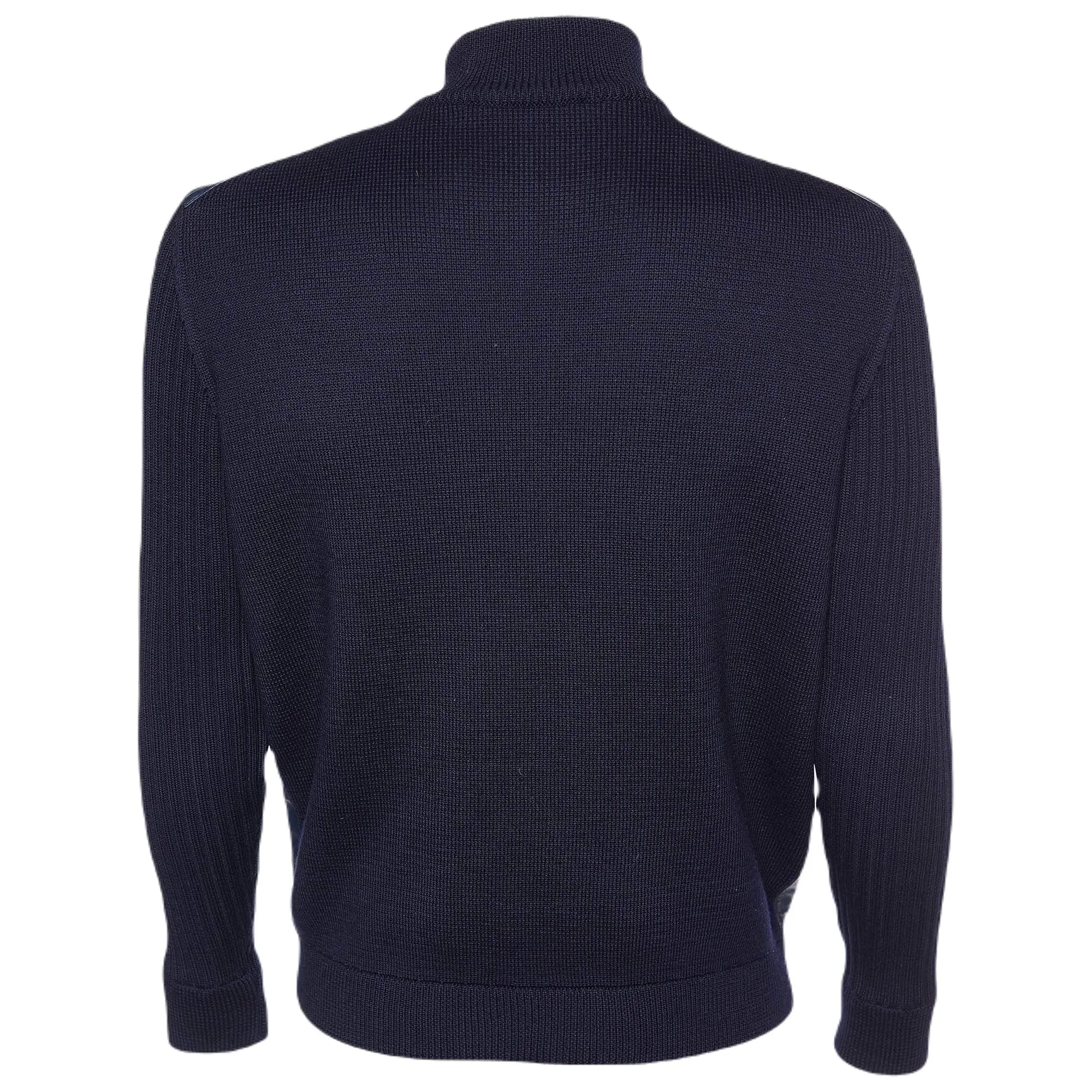 Ferragamo Leather & Wool Knit Zip Front Jacket Navy