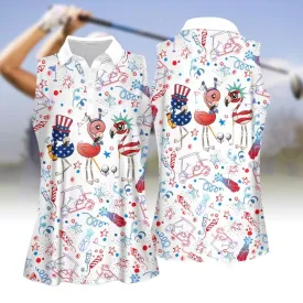 Flamingo Independence Day Pattern Women Golf Apparels, Golf sleeveless polo shirt for women