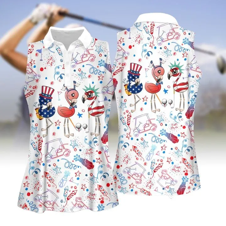 Flamingo Independence Day Pattern Women Golf Apparels, Golf sleeveless polo shirt for women