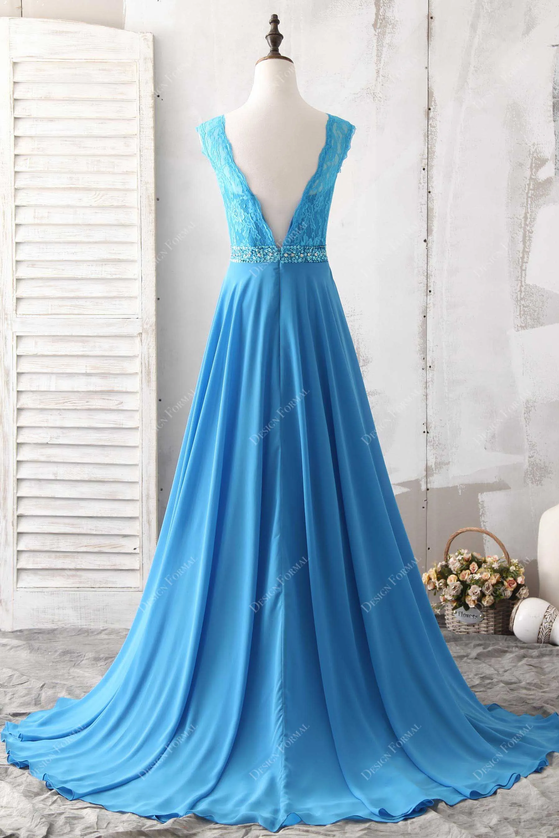 Ocean Blue Lace Chiffon Elegant A-line Long Formal Dress